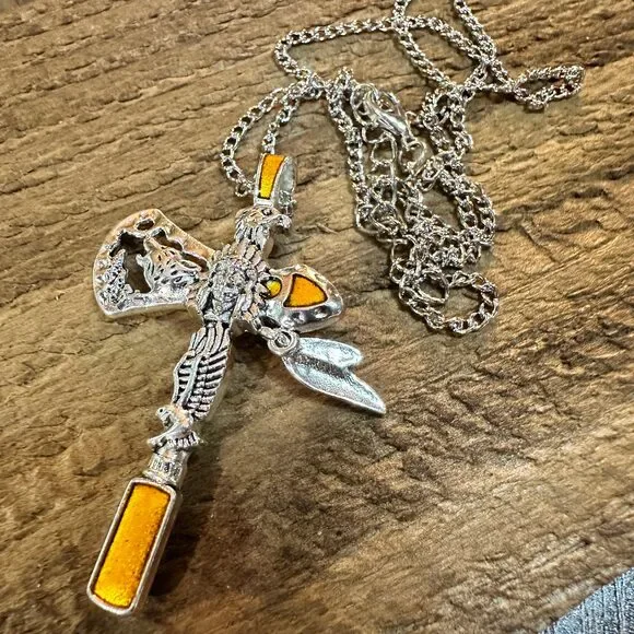 Navajo Style Indian Eagle Necklace With Mixed Metals On Adjustable 18 Inch Chain - Picture 4 of 6